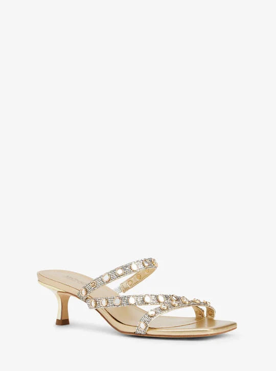 Embellished Strappy Sandals in Metallic Leather