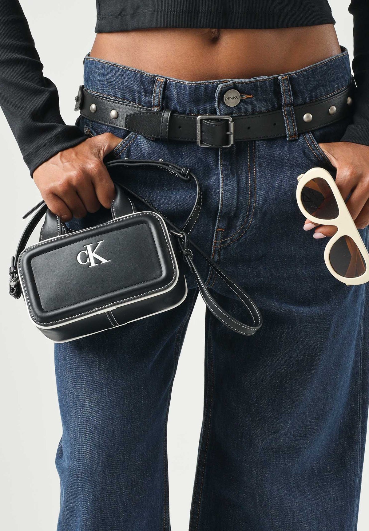 CALVIN KLEIN Women's Contrast CK Mini Bowling Bag Crossbody Black