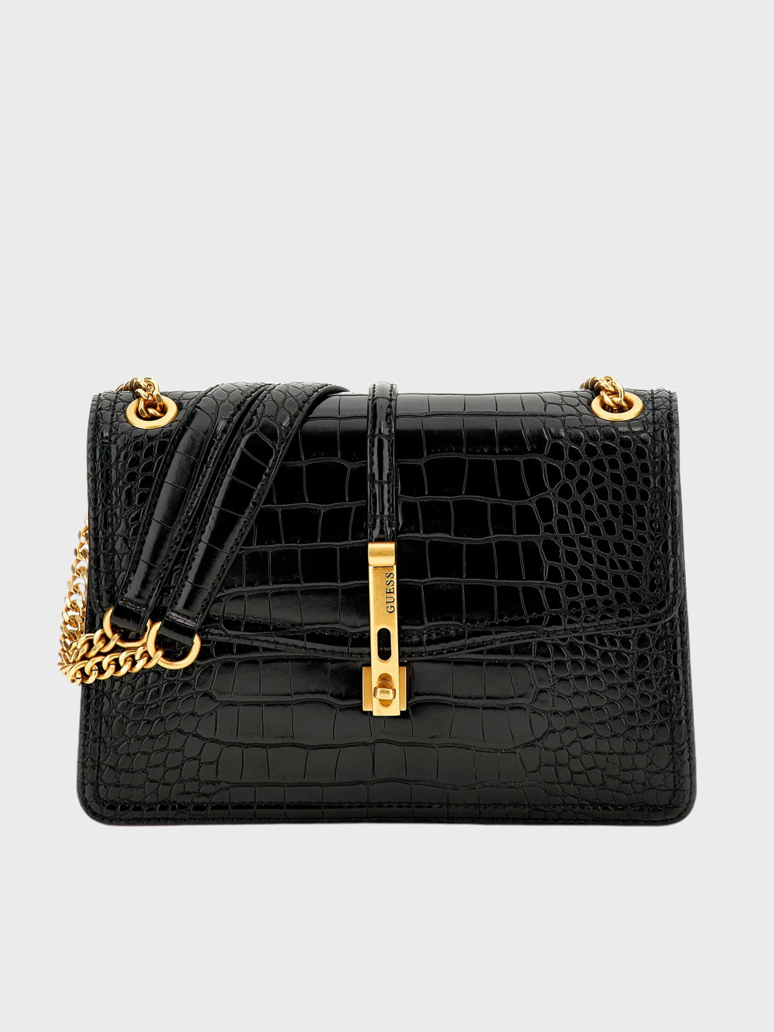 James Black Moc Croc Front Flap Cross-Body Bag