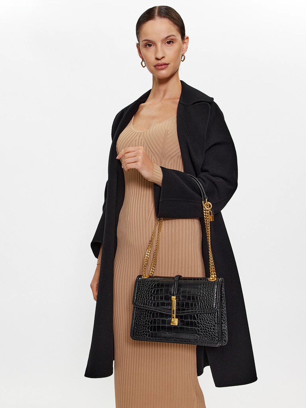 James Black Moc Croc Front Flap Cross-Body Bag