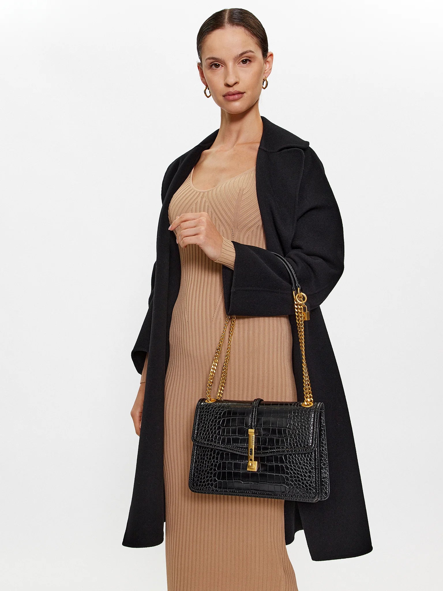 James Black Moc Croc Front Flap Cross-Body Bag